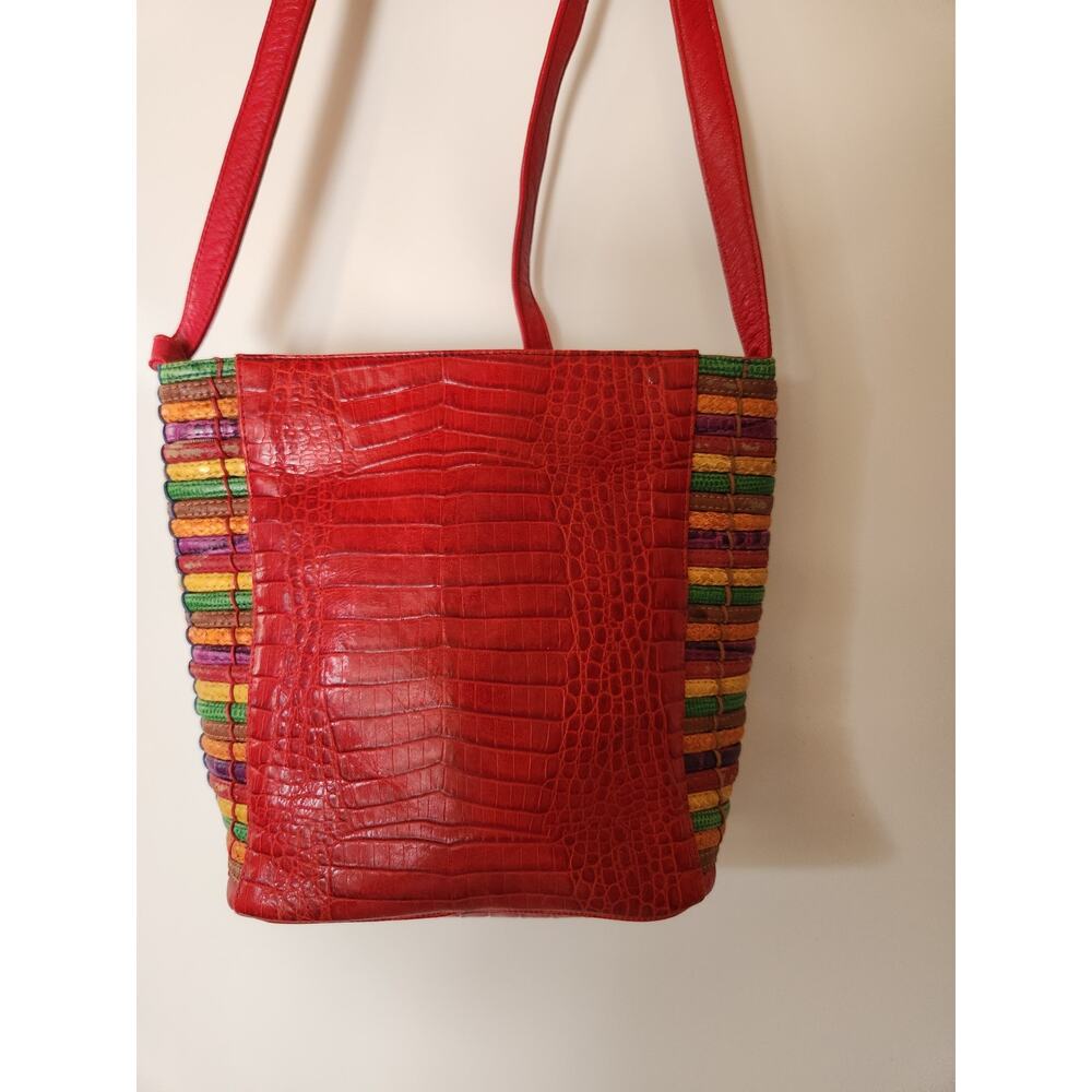 Vintage Sharif USA Purse Woven Leather Shoulder Bag Green Red Yellow 1980s - Picture 4 of 7